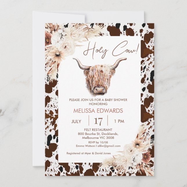 Boho Blommigt Cow Brown Cow Print Baby Shower Inbjudningar (Framsida)