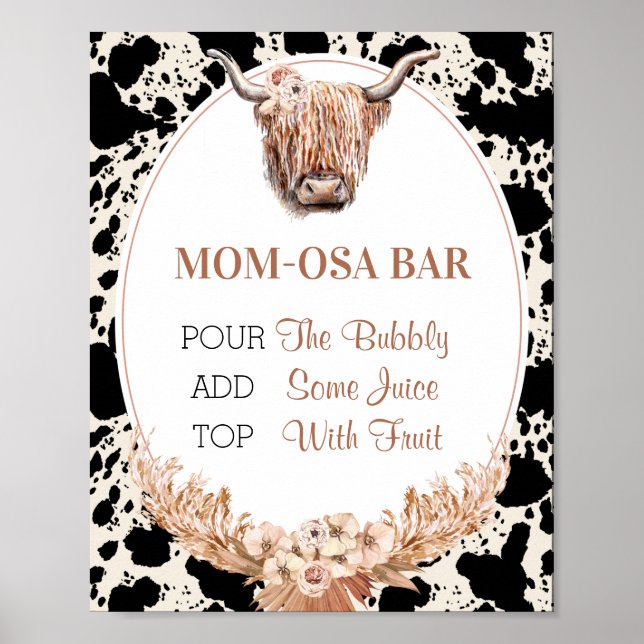 Boho Blommigt Cow Mamma-osa Pub Baby Shower Sign Poster (Framsidan)