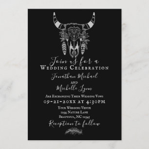 Boho Blommigt Cow Skull Black and White Bröllop Inbjudningar