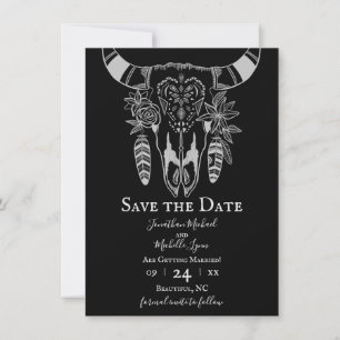 Boho Blommigt Cow Skull Black and White Bröllop Spara Datumet