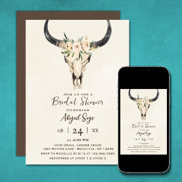 Boho Blommigt Cow Skull Brown Cream Möhippa Inbjudningar