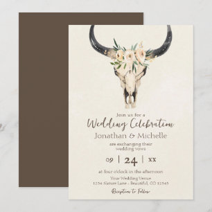Boho Blommigt Cow Skull Brown och Cream Bröllop Inbjudningar