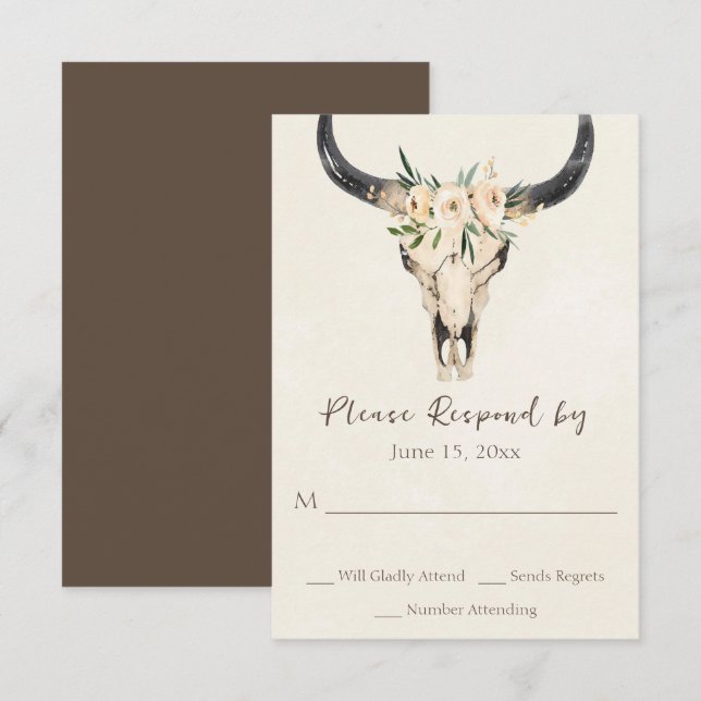 Boho Blommigt Cow Skull Brown och Cream Bröllop OSA Kort (Fram/baksida)