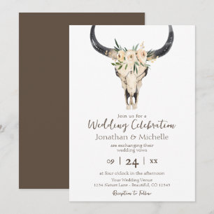 Boho Blommigt Cow Skull Brown och White Bröllop Inbjudningar