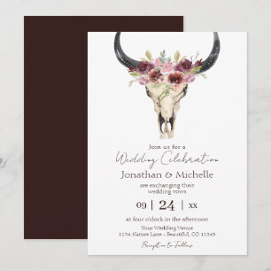 Boho Blommigt Cow Skull Burgundy and White Bröllop Inbjudningar