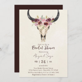 Boho Blommigt Cow Skull Burgundy Cream Möhippa Inbjudningar
