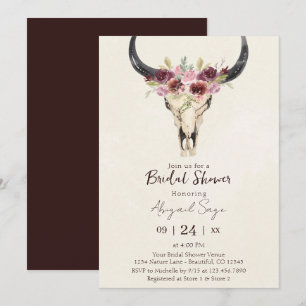 Boho Blommigt Cow Skull Burgundy Cream Möhippa Inbjudningar