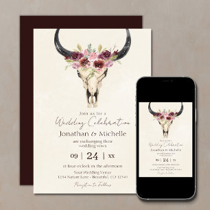 Boho Blommigt Cow Skull Burgundy och Cream Bröllop Inbjudningar