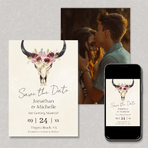 Boho Blommigt Cow Skull Burgundy PHOTO Bröllop Spara Datumet