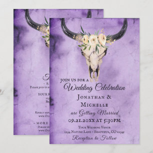 Boho Blommigt Cow Skull Lila allt på en Bröllop Inbjudningar