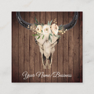 Boho Blommigt Cow Skull på Barnwood Background Fyrkantigt Visitkort