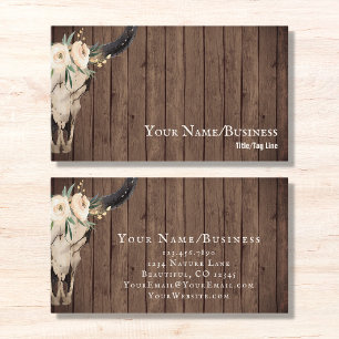 Boho Blommigt Cow Skull på Barnwood Background Visitkort