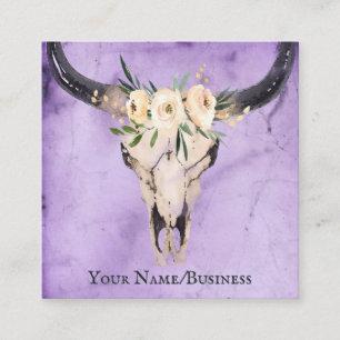 Boho Blommigt Cow Skull på Lilans bakgrund Fyrkantigt Visitkort