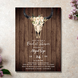 Boho Blommigt Cow Skull på Möhippan Rustic Wood Inbjudningar