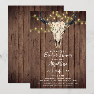 Boho Blommigt Cow Skull på Möhippan Rustic Wood Inbjudningar