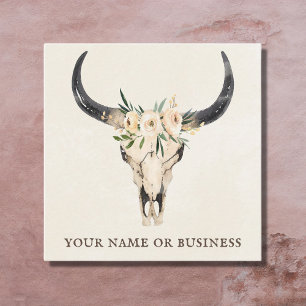 Boho Blommigt Cow Skull på naturgäddbakgrund Fyrkantigt Visitkort