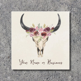 Boho Blommigt Cow Skull på naturkräm Fyrkantigt Visitkort