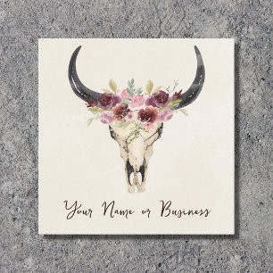 Boho Blommigt Cow Skull på naturkräm Fyrkantigt Visitkort