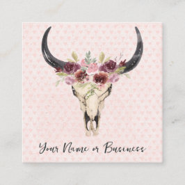 Boho Blommigt Cow Skull på Rosa Hearners bakgrund Fyrkantigt Visitkort