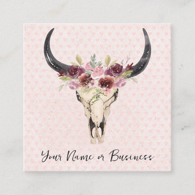 Boho Blommigt Cow Skull på Rosa Hearners bakgrund Fyrkantigt Visitkort (Framsida)
