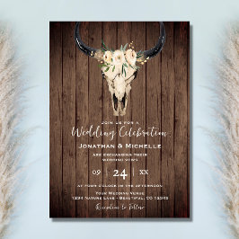 Boho Blommigt Cow Skull på Rustic Wood Bröllop Inbjudningar
