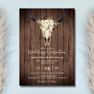 Boho Blommigt Cow Skull på Rustic Wood Bröllop Inbjudningar