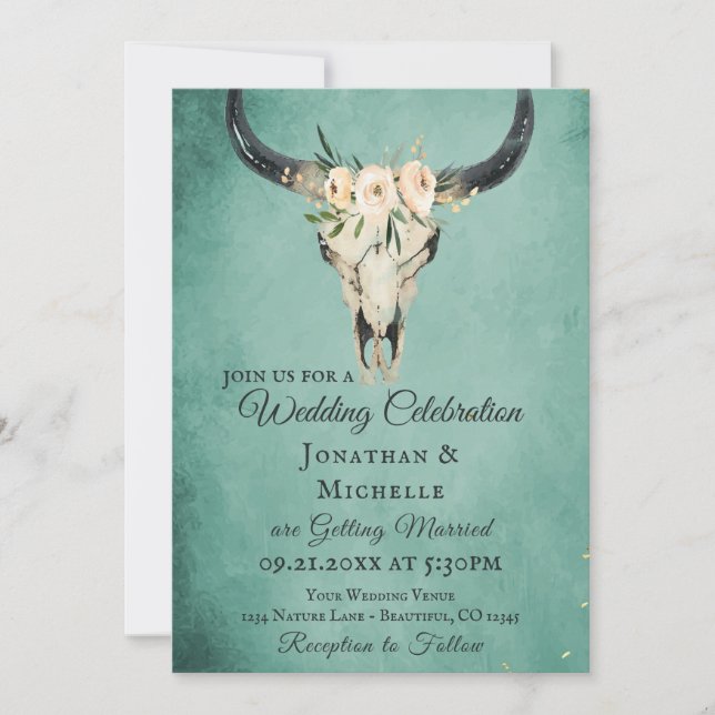 Boho Blommigt Cow Skull på turkos Bröllop Inbjudningar (Framsida)