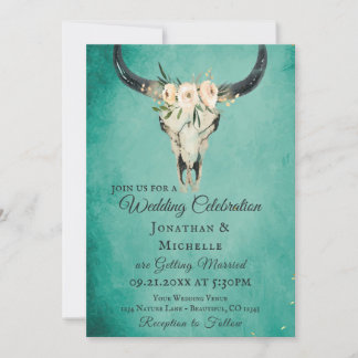 Boho Blommigt Cow Skull på turkos Bröllop Inbjudningar