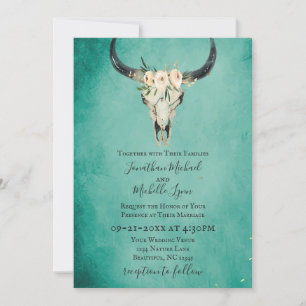 Boho Blommigt Cow Skull på turkos Bröllop Inbjudningar