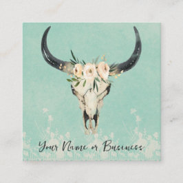 Boho Blommigt Cow Skull på turkos Fyrkantigt Visitkort