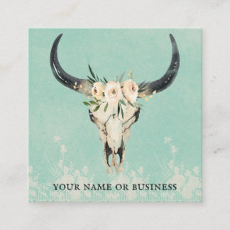 Boho Blommigt Cow Skull på turkos Fyrkantigt Visitkort