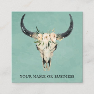 Boho Blommigt Cow Skull på turkos Fyrkantigt Visitkort