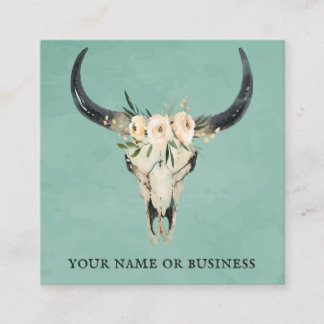 Boho Blommigt Cow Skull på turkos Fyrkantigt Visitkort