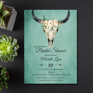 Boho Blommigt Cow Skull på turkos-Möhippa Inbjudningar