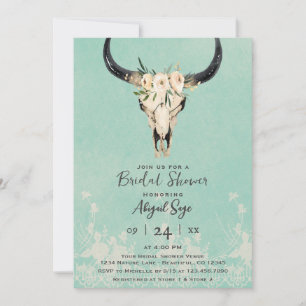 Boho Blommigt Cow Skull på turkos-Möhippa Inbjudningar