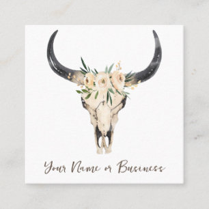 Boho Blommigt Cow Skull på White Fyrkantigt Visitkort
