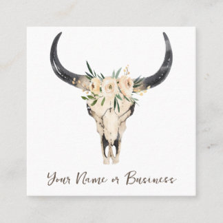 Boho Blommigt Cow Skull på White Fyrkantigt Visitkort