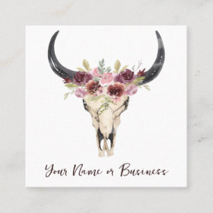 Boho Blommigt Cow Skull på White Fyrkantigt Visitkort
