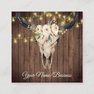 Boho Blommigt Cow Skull, String Ljus på Barnwood Fyrkantigt Visitkort