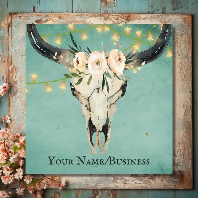 Boho Blommigt Cow Skull, String Ljus på turkos Fyrkantigt Visitkort (Front - Boho Floral Cow Skull, String Lights on Turquoise Square Business Card)