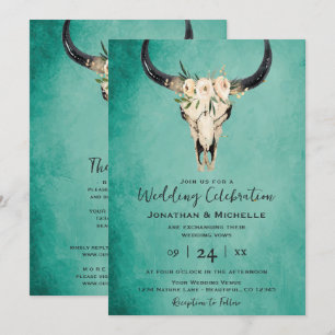Boho Blommigt Cow Skull Turcos Alla i ett Bröllop Inbjudningar