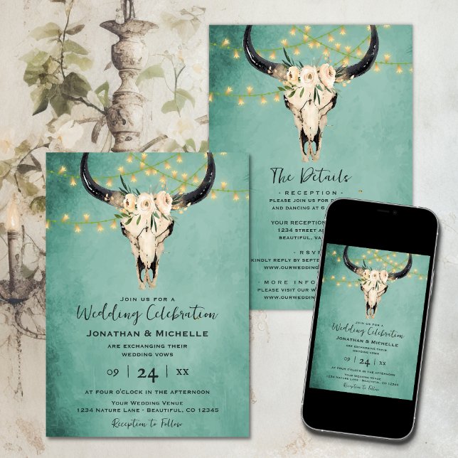 Boho Blommigt Cow Skull Turcos Alla i ett Bröllop Inbjudningar (Boho Floral Cow Skull Turquoise All in One Wedding Invitation
)