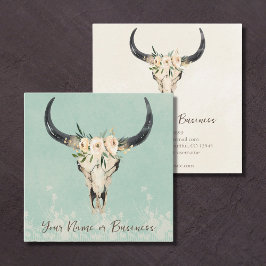 Boho Blommigt Cow Skull Turquise och Cream Fyrkantigt Visitkort