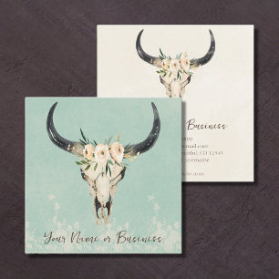 Boho Blommigt Cow Skull Turquise och Cream Fyrkantigt Visitkort