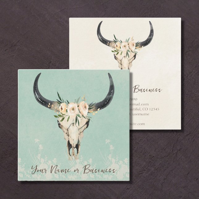 Boho Blommigt Cow Skull Turquise och Cream Fyrkantigt Visitkort (Skapare uppladdad)