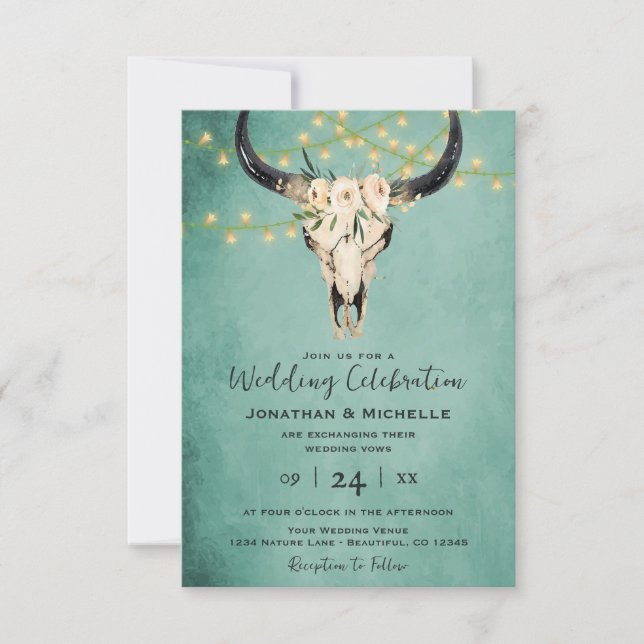 Boho Blommigt Cow Skull w/ Ljus Turquise Bröllop Inbjudningar (Framsida)