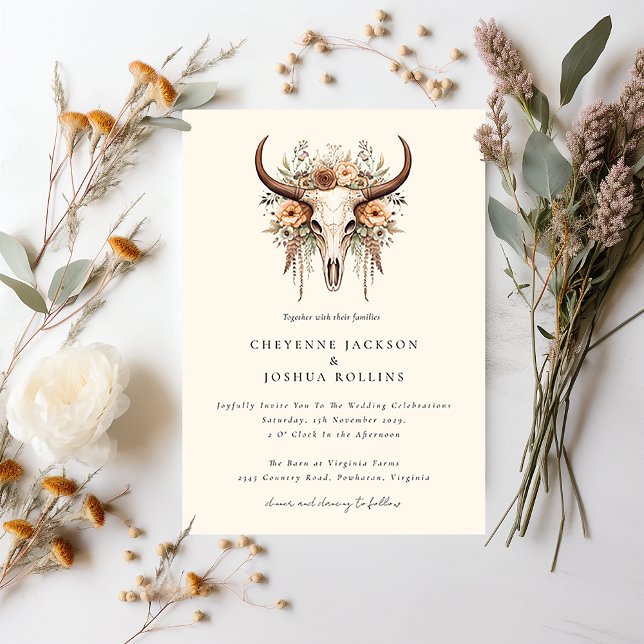 Boho Blommigt Cow Skull Westernare Bröllop Inbjudningar (Skapare uppladdad)