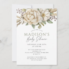 Boho Blommigt Cream White Baby Shower Inbjudningar