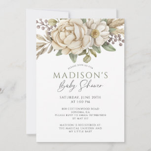 Boho Blommigt Cream White Baby Shower Inbjudningar