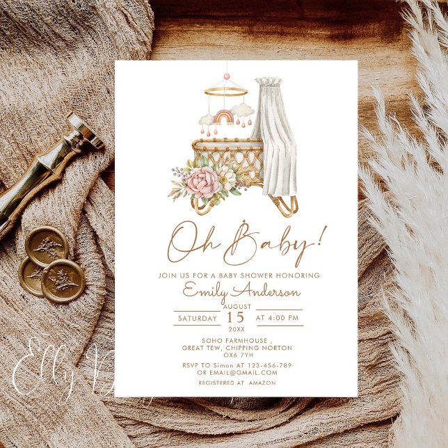 Boho Blommigt Crib Bassinet Nursery Baby Shower Inbjudningar (Skapare uppladdad)